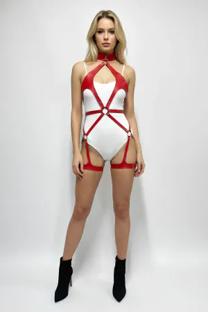 Red Faux Leather Full Body Harness Set with Choker and Garters