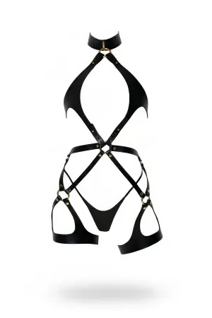Black Full Body Vegan Leather Harness with High Collar and Gold O-Ring Hardware