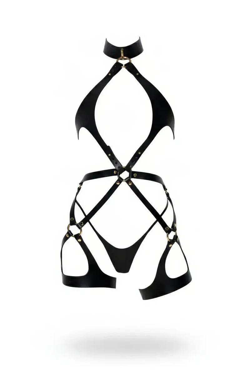 Black Full Body Vegan Leather Harness with High Collar and Gold O-Ring Hardware