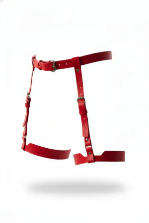 Red Faux Leather Two-Leg Garter Harness with Adjustable Buckles against White Background