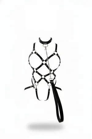Black Caged Faux Leather Body Harness with Detachable Chain and Leash