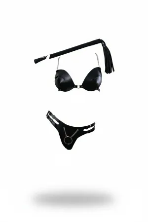 Black Faux Leather Bra and Thong Set with Silver Chains and O-Rings