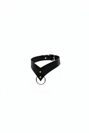 Black faux leather V-neck choker with silver O-ring
