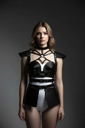 Siyah Suni Deri Zımbalı Omuzlu Peplum Etek Harness Kadın Ayarlanabilir Askılı