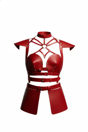 Red Faux Leather Bustier Harness and Skirt Set Front View