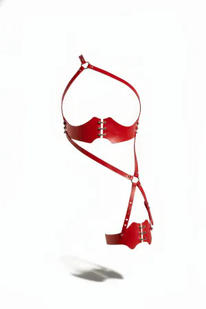 Red Faux Leather Full Body Harness with Scalloped Garter and Silver O-Ring Details