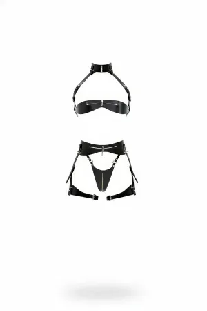 Black Vegan Leather Garter Harness Bralette Set with Halter Neck and Front Zipper Details, Silver Hardware