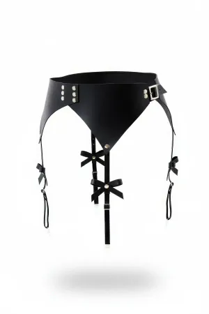 Black Faux Leather Wide Waist Garter Harness with Decorative Bows and Adjustable Leg Straps, Silver Hardware