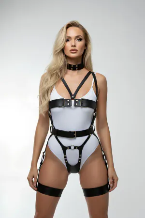 Black Faux Leather Full Body Harness for Women with Adjustable Choker and Thigh Straps