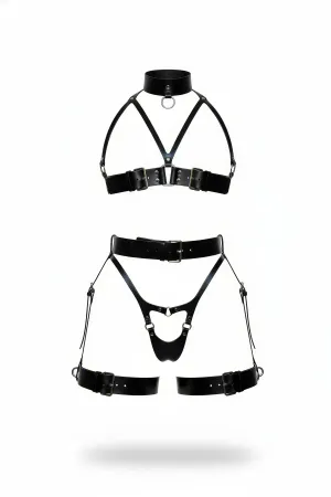 Black Faux Leather Two-Piece Body Harness Set with Choker and Garter