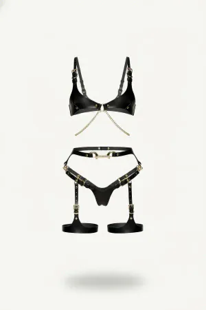 Black Faux Leather Bra Harness and Garter Set with Gold Chain Details