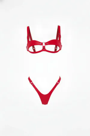 Red Open Cup Bra and Thong Harness Set Shiny Vegan Leather