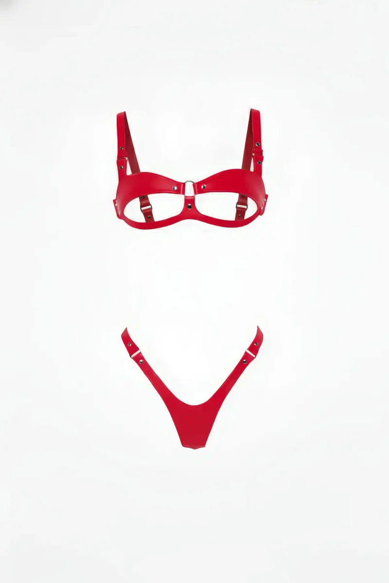 Red Open Cup Bra and Thong Harness Set Shiny Vegan Leather
