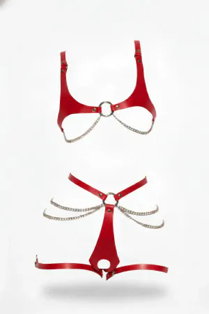 Red Faux Leather Body Harness Set with Silver Chain Details