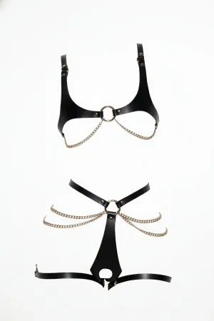 Black Faux Leather Harness Bra and Garter Set with Gold Chains