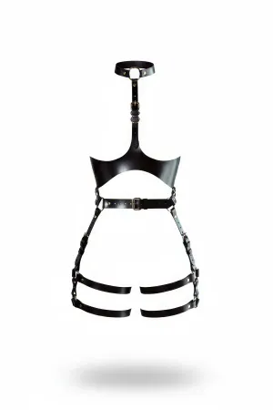 Black Faux Leather Halter Neck Underbust Harness with Thigh Garters