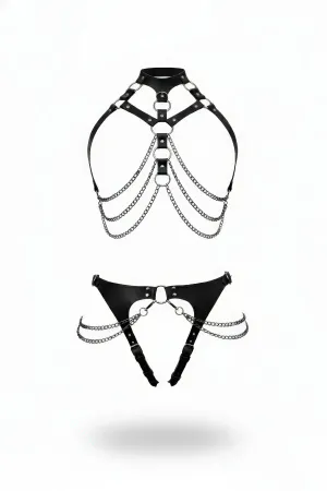 Black Faux Leather Full Body Harness Set with Silver Chains and O-Rings