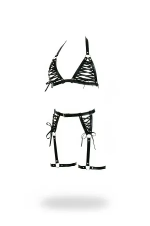 Black Lace-Up Vegan Leather Bra and Garter Harness Set with Silver O-Rings