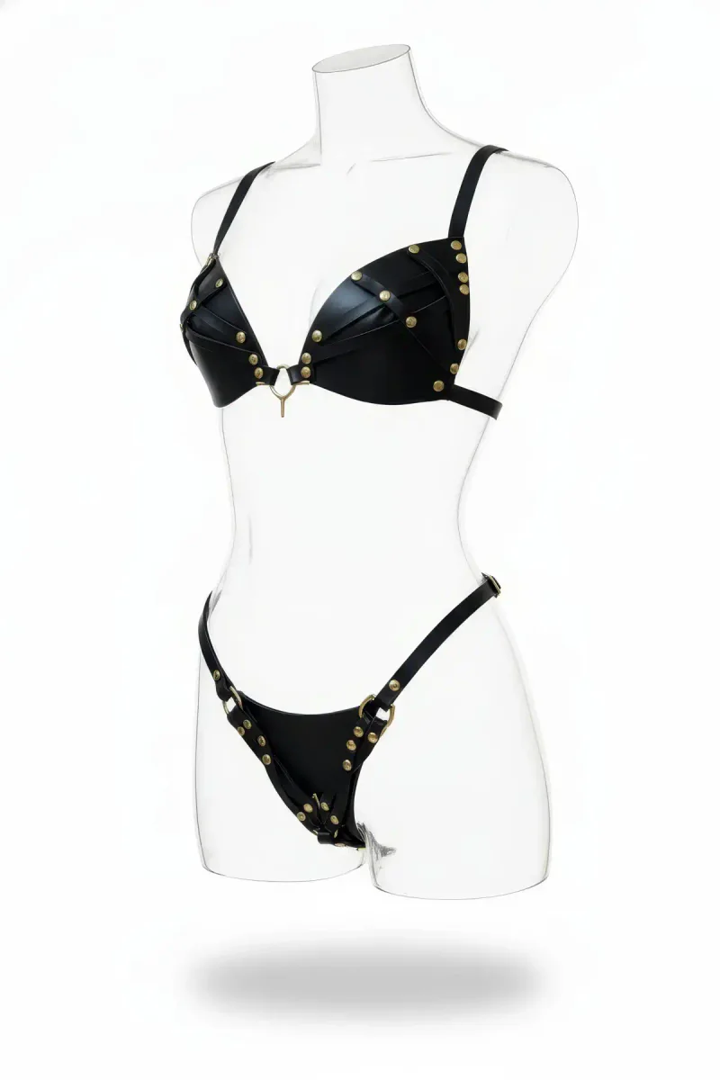 Black Studded Faux Leather Harness Bra and Thong Set with Gold O-Rings