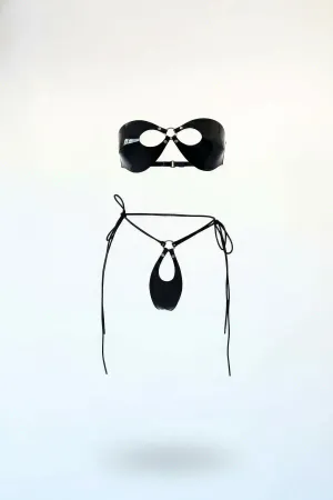 Black Vinyl Harness Bralette and G-String Set, O-Ring Detail