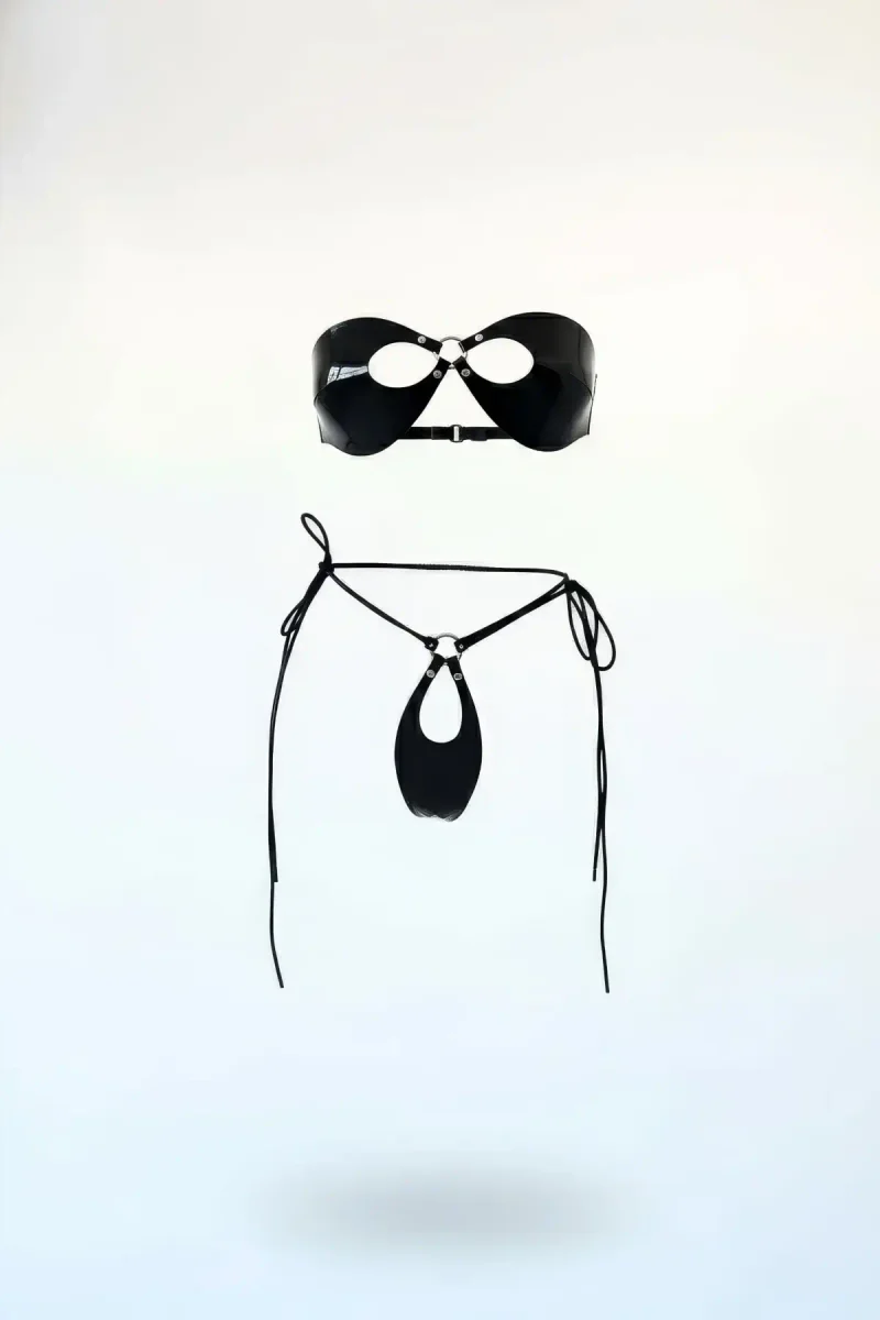 Black Vinyl Harness Bralette and G-String Set, O-Ring Detail