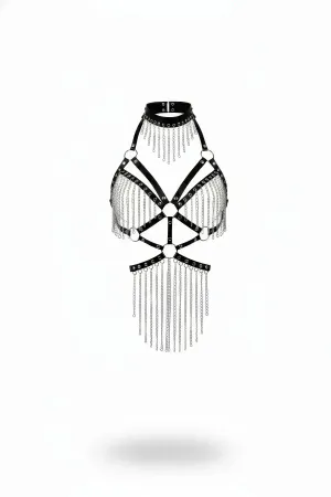 Siyah metalik zincirli body harness choker yaka, kruvaze şeritlerle donatılmış, uzun zincir detaylı vücut aksesuarı