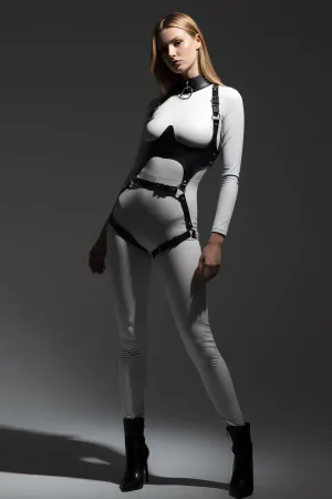 Black faux leather full body harness with corset detail and adjustable straps