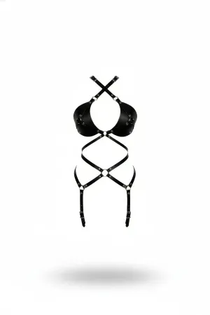 Black faux leather strappy body harness with garter-style leg straps