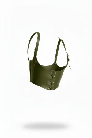 Olive Green Faux Leather Underbust Corset Harness Front Lacing Adjustable Straps