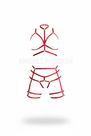 Red Vegan Leather Full Body Harness Set High Neck O-Ring Straps