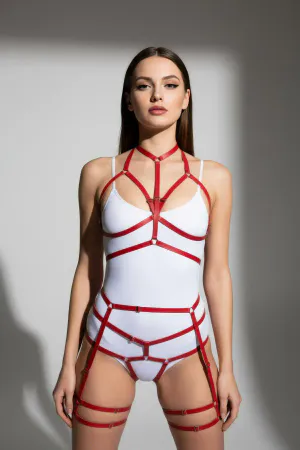 Red Faux Leather Full Body Harness & Garter Set for Women