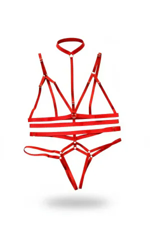 Red Strappy O-Ring Harness Lingerie Set with Choker and Thong
