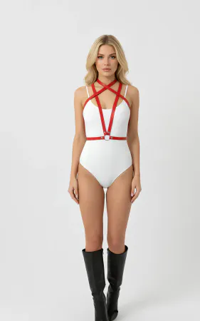 Red Faux Leather Body Harness Women Adjustable Straps O-Ring Detail