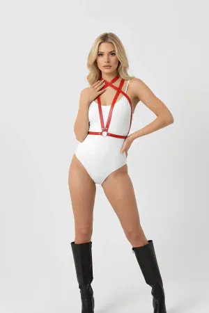 Red Faux Leather Body Harness Women Adjustable Straps O-Ring Detail