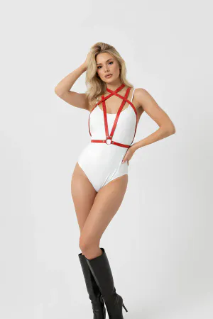 Red Faux Leather Body Harness Women Adjustable Straps O-Ring Detail