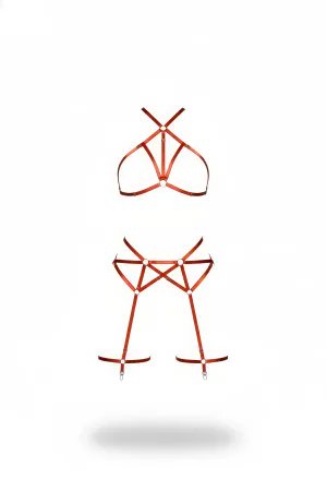 Rust Orange Caged Harness Bra and Garter Set Vegan Leather