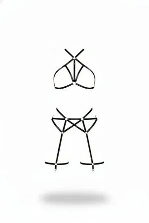 Black Faux Leather Caged Halter Neck Harness and Thigh Straps Set with O-Rings