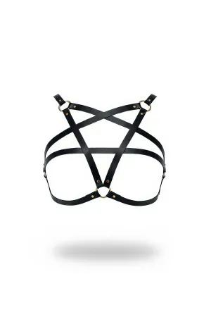 Black Faux Leather Star Chest Harness Gold O-Ring Hardware
