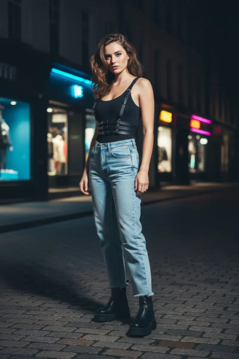 Siyah çoklu tokalı vücut askısı, crop top ve kot pantolon ile kombinlenmiş