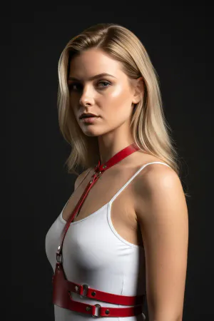 Red faux leather chest harness with integrated choker and O-ring detail