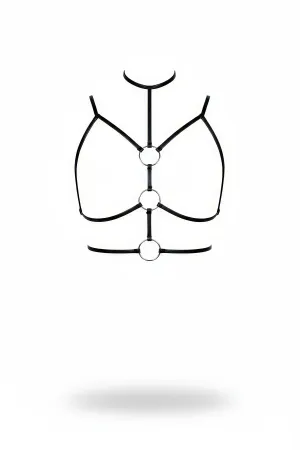 Black Faux Leather O-Ring Chest Harness Bra with Neck Collar