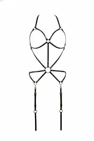 Black Faux Leather Full Body Harness with Straps and O-Ring