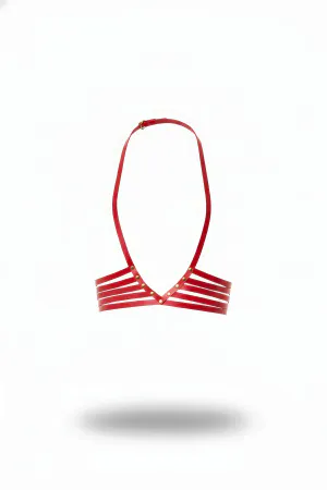 Red Vegan Leather Caged Halter Neck Harness Bra Top Gold Hardware