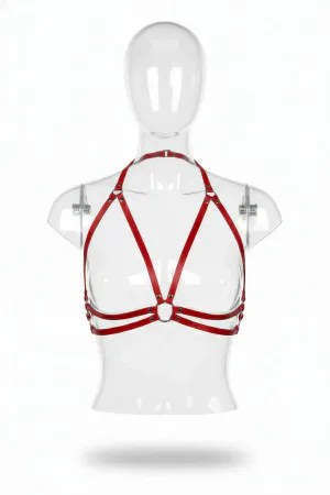Red Faux Leather Harness Bra Halter Neck O-Ring Detail