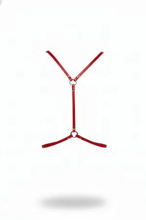 Red Faux Leather Body Harness Dual Silver O-Rings Adjustable Straps