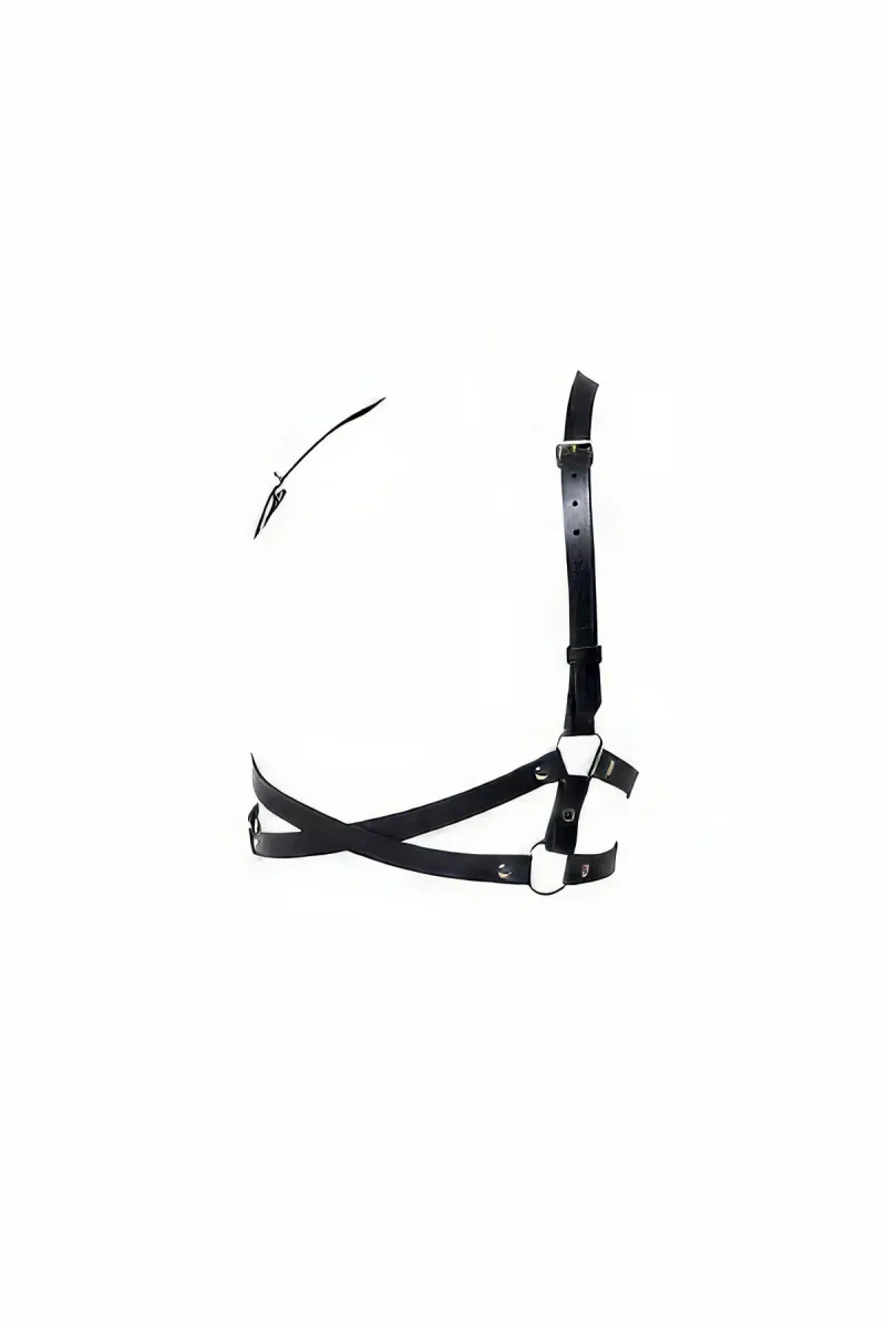 Black Faux Leather Underbust Harness Bra with Asymmetrical Shoulder Strap