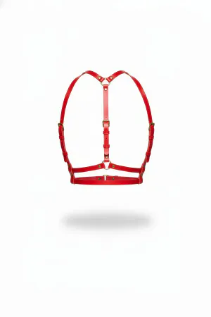 Red Faux Leather Chest Harness Front View Gold Hardware