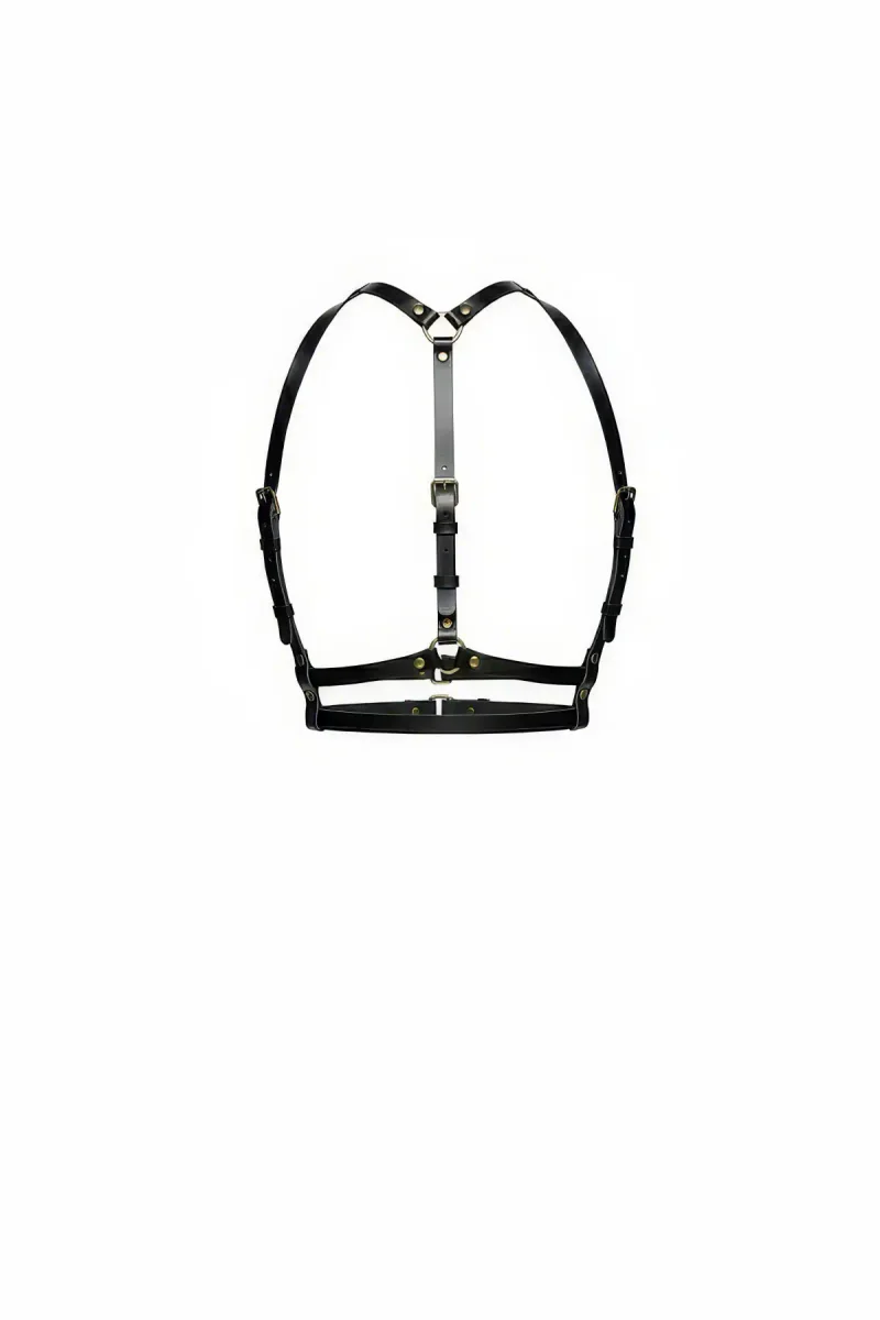 Black Faux Leather Chest Body Harness Gold Hardware