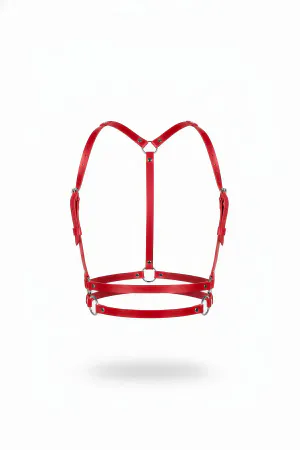 Red Faux Leather Underbust Harness with Dual Ribcage Bands and Silver O-Rings Front View