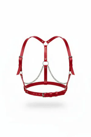 Red Vegan Leather Chest Harness Draped Silver Chains Front View